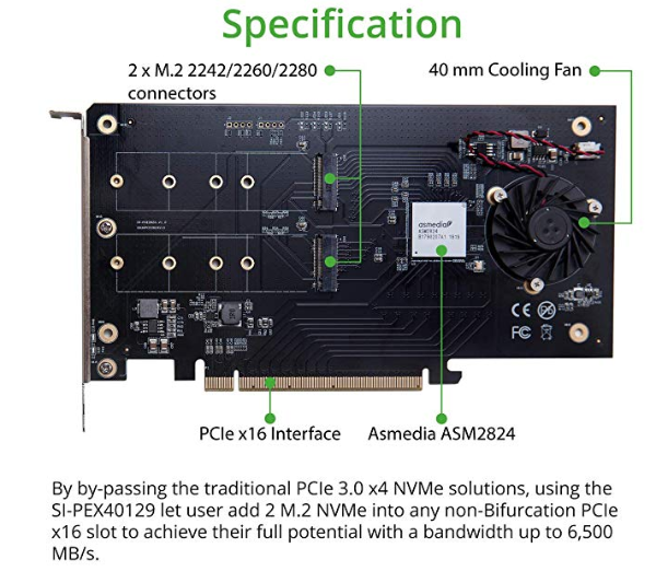 Product Description of a Dual-NVMe card that uses a PCI Express Switch. At the time of writing, it is priced $199.
